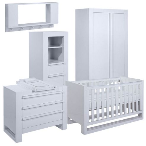 Image of Tutti Bambini Rimini 6 Piece Room Set (cot, Chest, Wardrobe, Tallboy, Shelf, Mattress) - High Gloss White Finish
