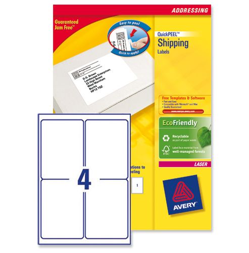 Image of Avery Addressing Labels Laser Jam-free 4 Per Sheet 139x99.1mm White Ref L7169-100 [400 Labels]
