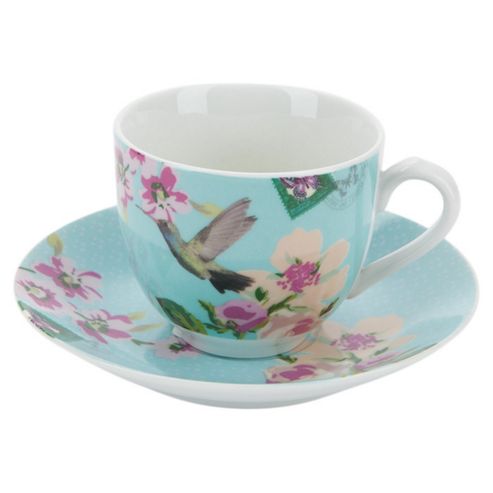 Image of Accessorize With Love 0.21l Porcelain Regular Cup And Saucer In Floral And Bird - Blue