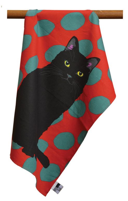 Image of Leslie Gerry Black Cat Design Tea Towel