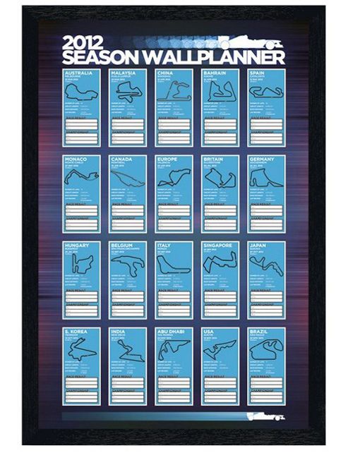 Image of Formula One Black Wooden Framed 2012 Race Season Wallplanner Poster