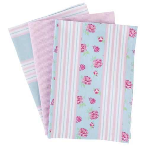 Image of Tesco Vintage Floral & Stripe Tea Towel 3 Pack