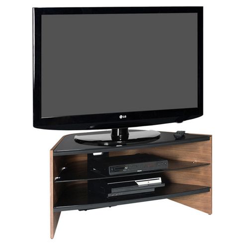 Image of Rvia Curved Walnut Av Stand For Up To 42 Tv With Black Glass Shelves