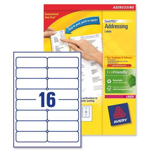 Image of Avery Addressing Labels Laser Jam-free 16 Per Sheet 99.1x33.9mm White Ref L7162-500 [8000 Labels]