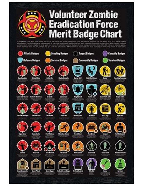 Image of Zombie Eradication Force Black Wooden Framed Merit Badge Chart Poster