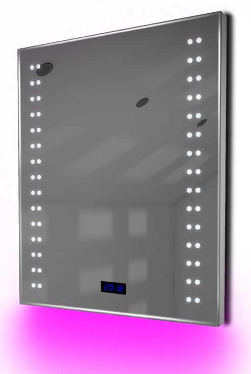 Image of Digital Clock Slim Bathroom Mirror With Under Lighting, Demist & Sensor K186p
