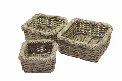 Image of Wicker Valley Rattan Square Storage Basket In Grey 3 Piece Set