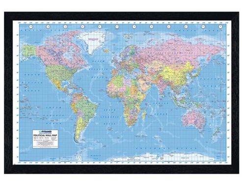 Image of Black Wooden Framed Political World Map Poster