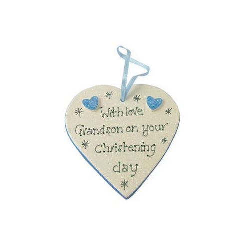 Image of Grandson Christening Blue Sparkle Heart Keepsake