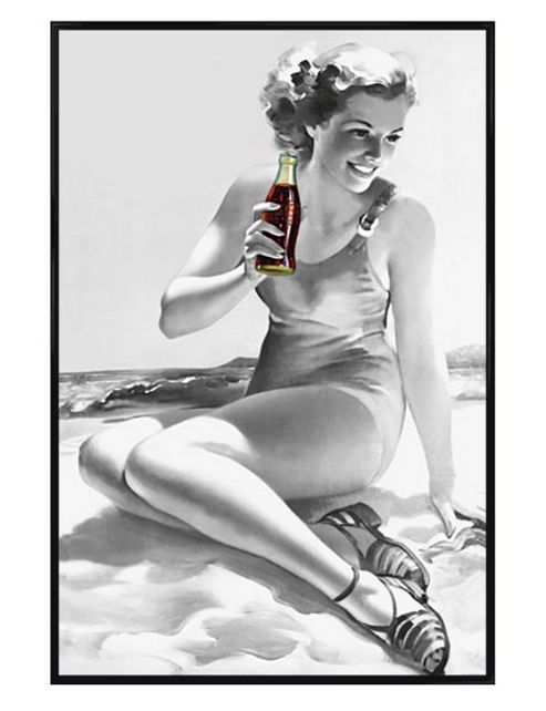 Image of Coca-cola Vintage Advertisment Gloss Black Framed Enjoy Coke On The Beach Poster