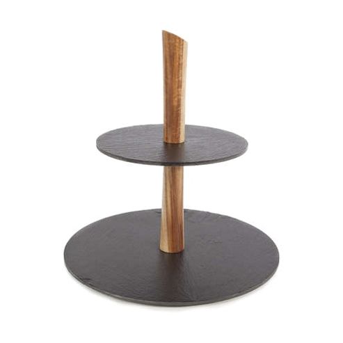 Image of Natural Life Acacia 2 Tier Cake Tray With Slate Plates
