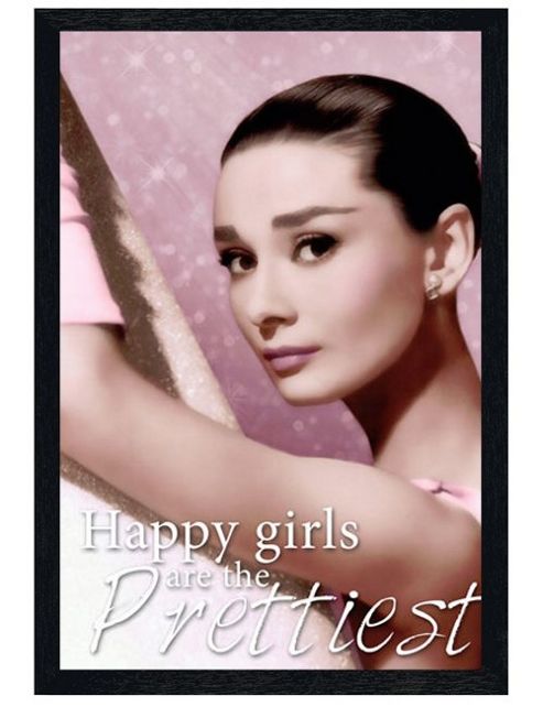 Image of Black Wooden Framed Audrey Hepburn Happy Girls Are The Prettiest Poster