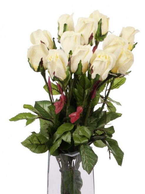 Image of Artificial 60cm Single Stem Closed Bud Cream Roses X 12