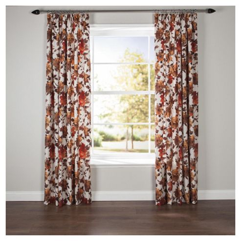 Image of Hand Painted Floral Lined Pencil Pleat Curtains W112xl137cm (44x54"), - Red