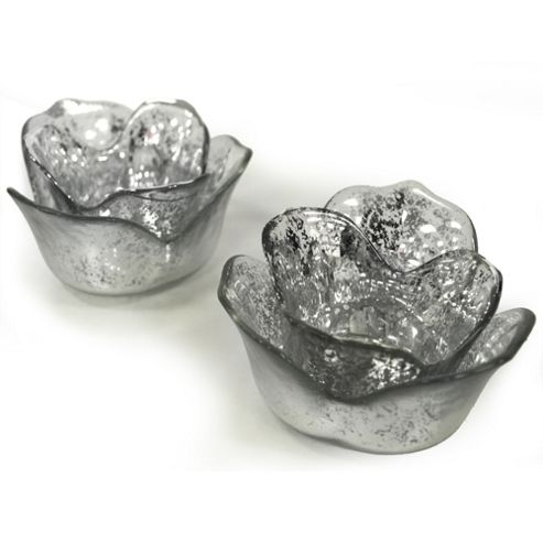Image of Lite - Glass Flower Shaped Tea Light Holder - Set Of Two - Silver