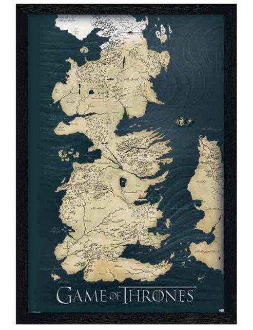 Image of Black Wooden Framed Game Of Thrones The Seven Kingdoms Of Westeros Map Poster