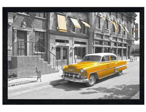 Image of New York Black Wooden Framed Yellow Cab In Manhattan Poster