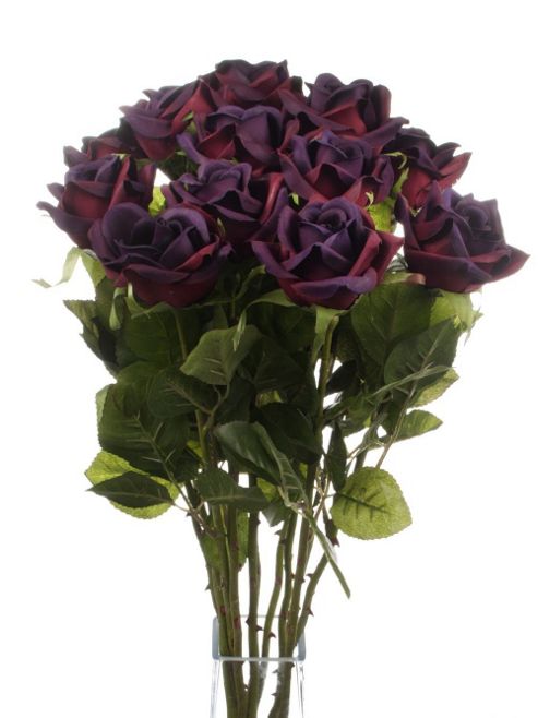 Image of Artificial 70cm Single Stem Half Open Purple Roses X 12