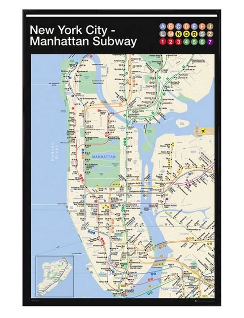 Image of New York Gloss Black Framed Manhattan Subway Map Poster