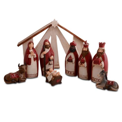 Image of Nine Piece Christmas Nativity Set In Red & Cream Colours