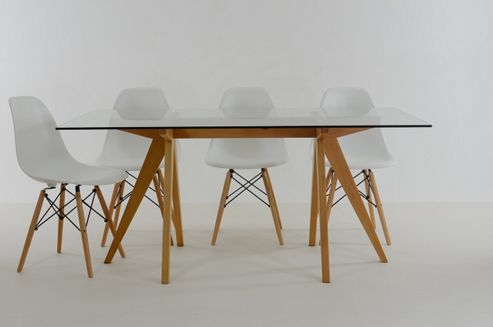 Image of Atlantico Long Glass Dining Table Set With 6 Eames Dsw Chairs