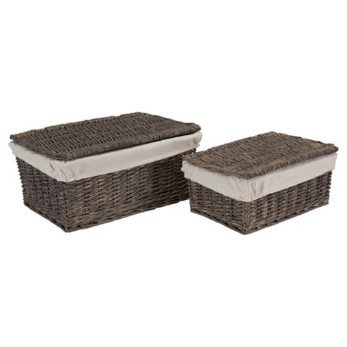 Image of Tesco Wicker Fabric Lined Lidded Baskets, Set Of 2, Grey