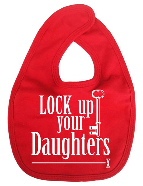 Image of Dirty Fingers Lock Up Your Daughters Baby Bib Red