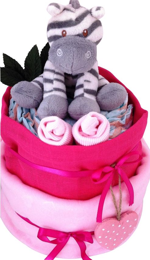 Image of 2 Tier Baby Girl Pink Zebra Nappy Cake