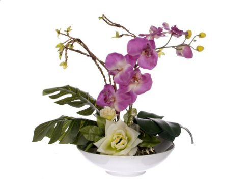 Image of Artificial 45cm Real Touch Pink Phalaenopsis Orchid, White Rose And Mixed Foliage Display In A White Ceramic Dish