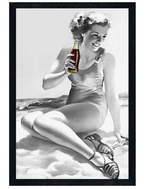 Image of Coca-cola Vintage Black Wooden Framed Enjoy Coke On The Beach Poster