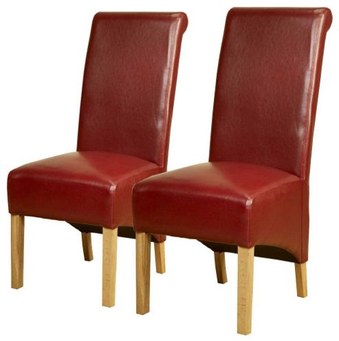 Image of Pair Of Pu Leather High Scroll Back Chairs In Red