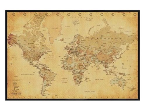 Image of Gloss Black Framed Vintage Style World Map Poster