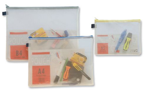 Image of Indx Zip Pouch Reinforced Mesh-weave Pvc Clear With Coloured Seal W345xd15xh260mm A4 Blue Ref Zpblu