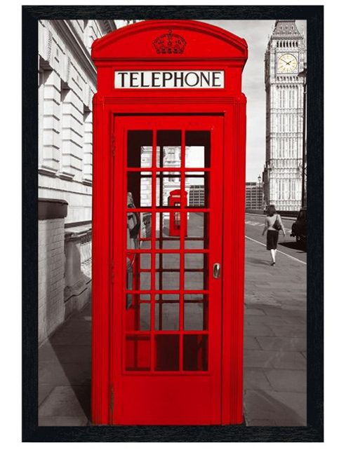 Image of English Icon Black Wooden Framed Red Telephone Box Poster