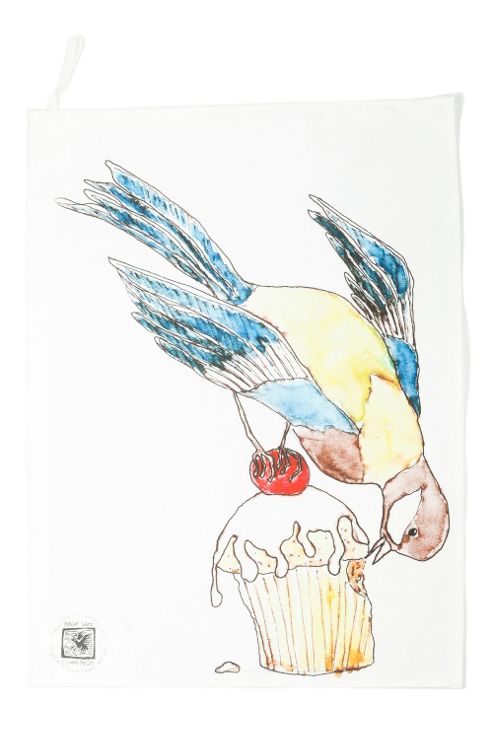 Image of Mellor Ware Tea Towel, Bird Eating Cake Design