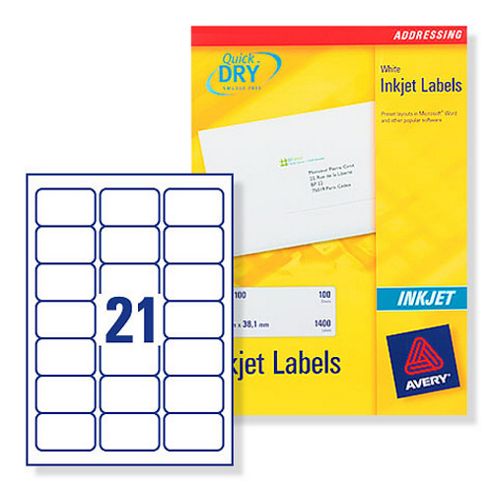 Image of Avery Quick Dry Addressing Labels Inkjet 21 Per Sheet 63.5x38.1mm White Ref J8160-25 [525 Labels]