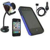 FuZion Blue Black 2 Part Case, LCD Guard, Holder & Car Charger - Apple iPhone 4G
