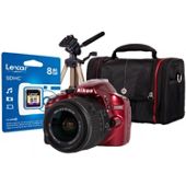 DS Nikon D3200 Red SLR Camera Kit inc 18-55mm VR Lens, 8Gb SD Card, Case & Tripod