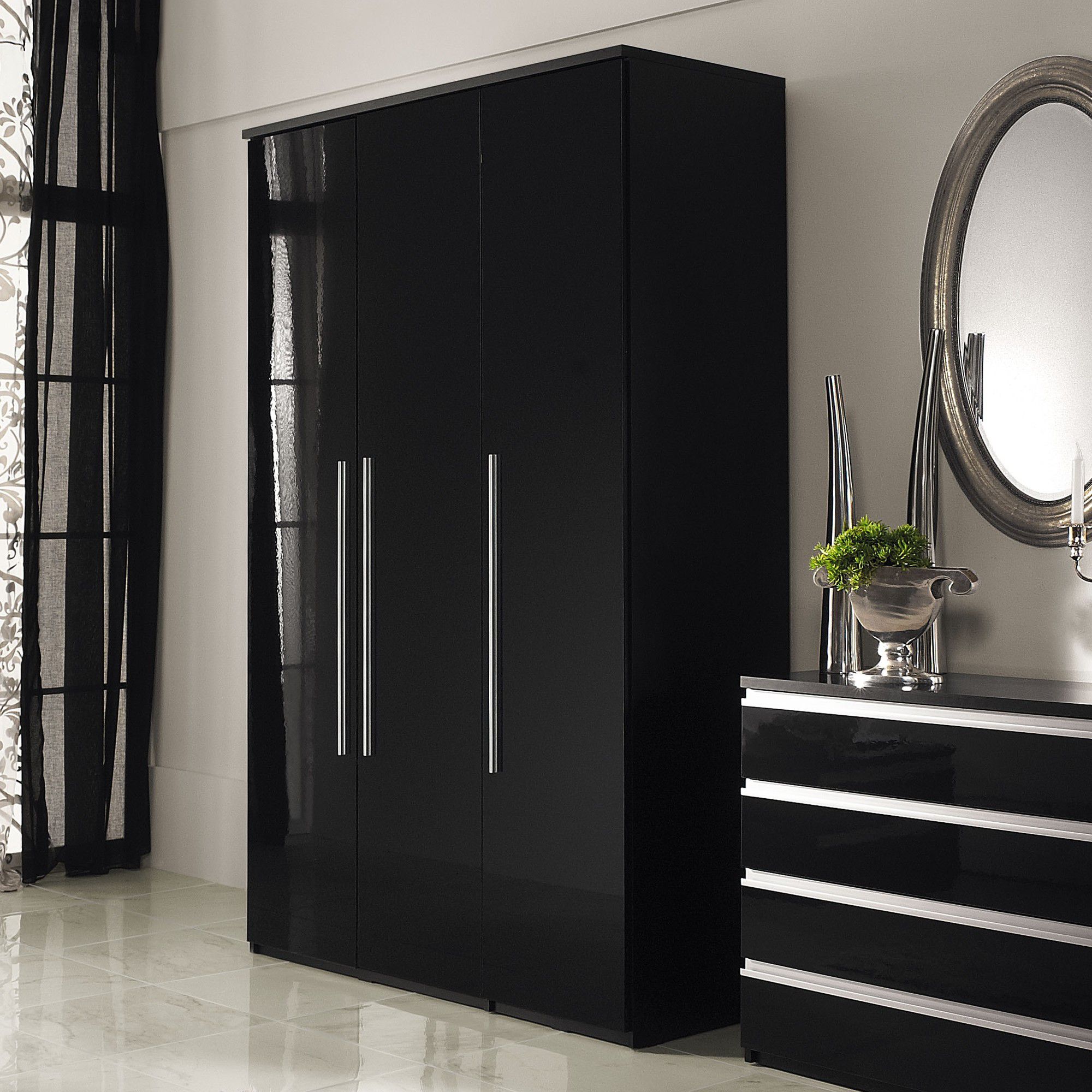 Urbane Designs Romain Three Door Wardrobe in Black and High Gloss Black at Tesco Direct