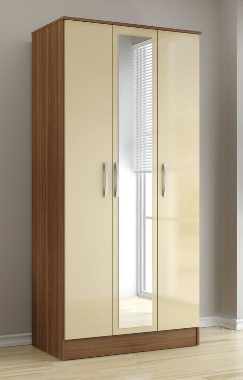 Image of Birlea Lynx 3 Door Wardrobe With Mirror - Walnut And Cream