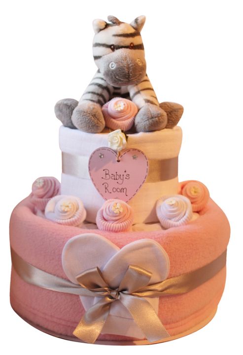 Image of Baby Girl Pink Nappy Cake With Zebra (two Tier)