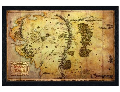 Image of The Hobbit Black Wooden Framed Map Of Middle Earth Poster