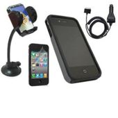 FuZion Grey Black 2 Part Case, LCD Guard, Holder & Car Charger - Apple iPhone 4G