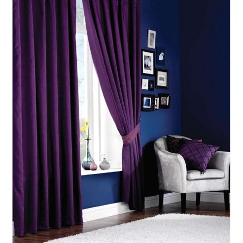 Image of Catherine Lansfield Home Plain Faux Silk Curtains 66x72 (168x183cm) - Aubergine - Tie Backs Included