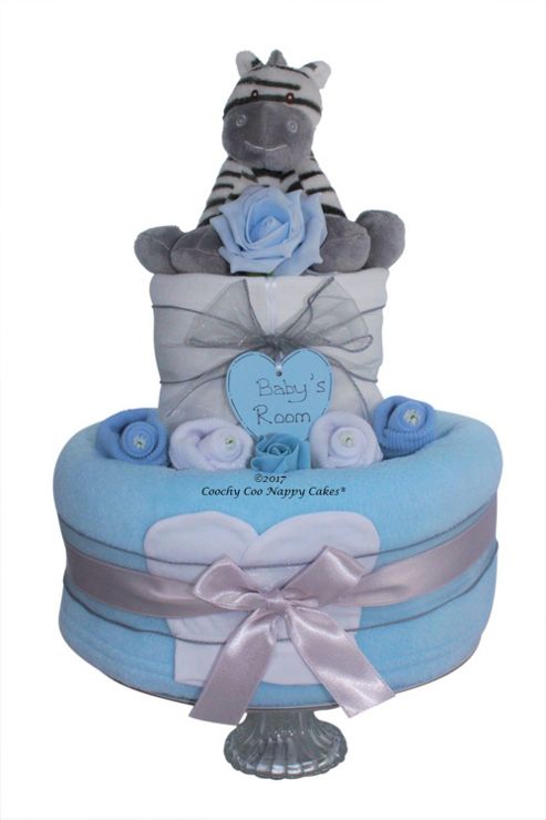 Image of Baby Boy Blue Nappy Cake With Zebra (two Tier)