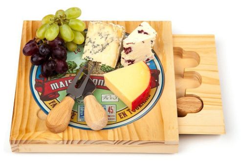 Image of Occasion Square Rotating Cheese Board With Printed Glass Top And 3 Cheese Knives