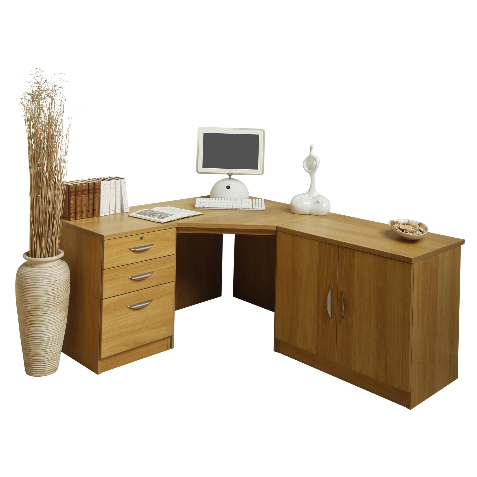 Enduro Home Office Corner Desk / Workstation with Pedestal and Cupboard - Teak at Tescos Direct