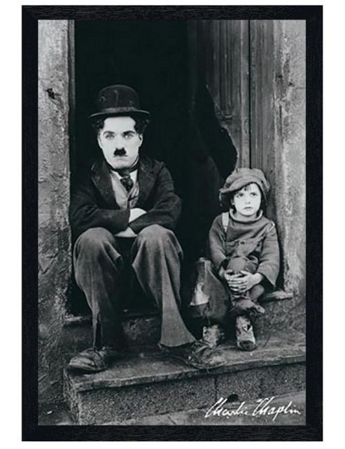 Image of The Kid Black Wooden Framed Charlie Chaplin Poster