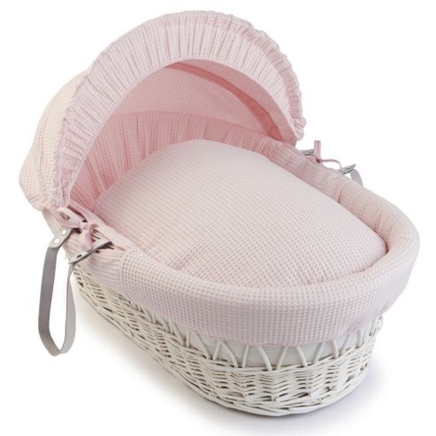Image of Clair De Lune White Wicker Moses Basket (soft Cotton Waffle Pink)