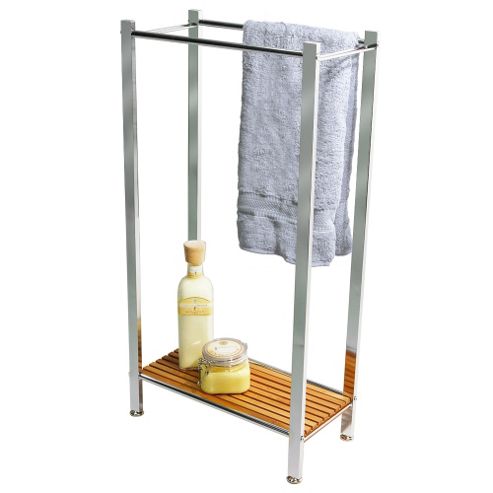 Image of Bamboo - Bathroom Towel Rail / Storage Shelf - Silver / Natural